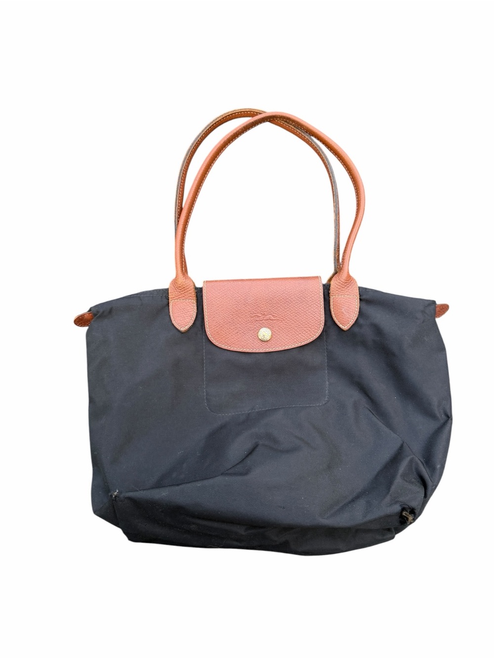 Longchamp Le Pliage Style Black Tote with Brown Trim small